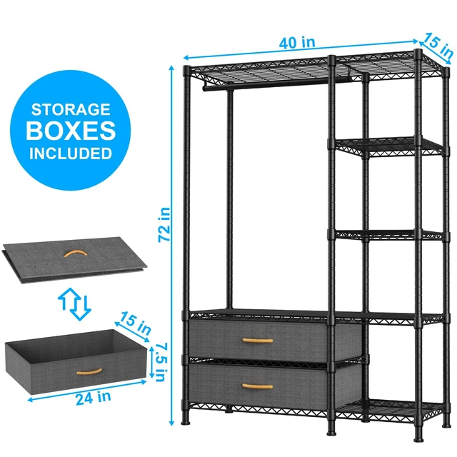 Alt view image 2 of 6 - F3 Heavy Duty Clothes RackWith Fabric DrawersFreestanding Clothing Racks for Hanging ClothesAdjustable Closet Organizer SystemPortable Garment Rack 40" W x 15" D x 72" HMax Load 700LBSBlack