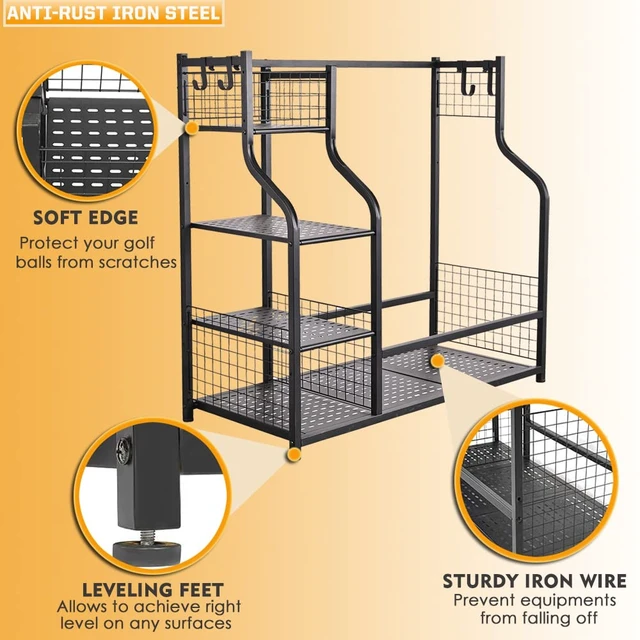 Alt view image 2 of 7 - 2 Golf Bags Rack Garage Storage Organizer Metal Black Storage Stand | Large Golf Bag Holder with Wheels and Hanging Hooks for Organizing Golfing Equipment & Accessories in Garage Shed Basement.