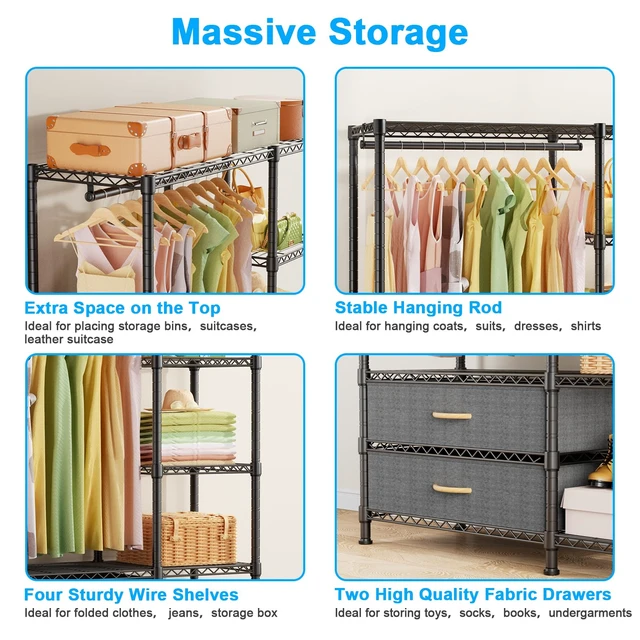 Alt view image 6 of 6 - F3 Heavy Duty Clothes RackWith Fabric DrawersFreestanding Clothing Racks for Hanging ClothesAdjustable Closet Organizer SystemPortable Garment Rack 40" W x 15" D x 72" HMax Load 700LBSBlack