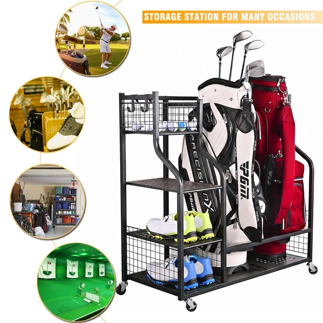 Alt view image 4 of 7 - 2 Golf Bags Rack Garage Storage Organizer Metal Black Storage Stand | Large Golf Bag Holder with Wheels and Hanging Hooks for Organizing Golfing Equipment & Accessories in Garage Shed Basement.
