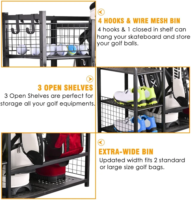 Alt view image 3 of 7 - 2 Golf Bags Rack Garage Storage Organizer Metal Black Storage Stand | Large Golf Bag Holder with Wheels and Hanging Hooks for Organizing Golfing Equipment & Accessories in Garage Shed Basement.