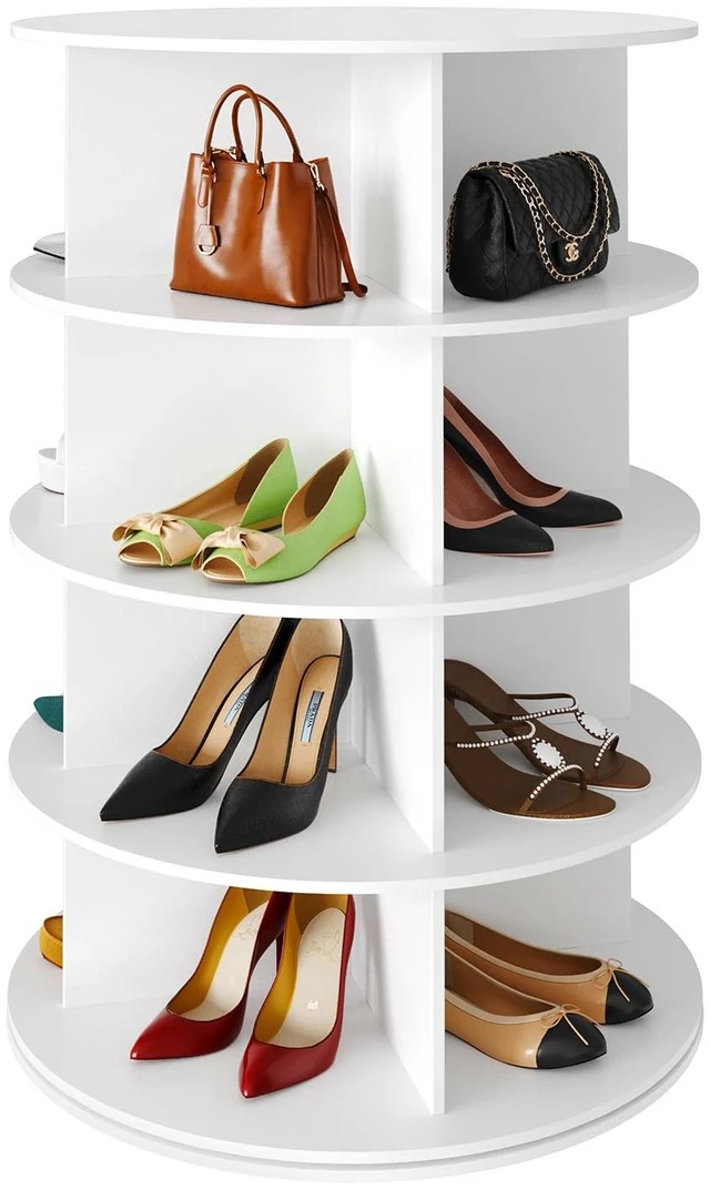 Main image of 4 Tier Rotating Shoe Rack Tower, Spinning Shoe Display Lazy Susan, Revolving 360 Shoe Rack Storage Round Carousel, Vertical Handbag Rotate Shoes Closet Organization (4-Tier White)