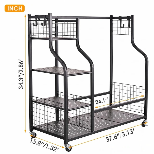 Alt view image 7 of 7 - 2 Golf Bags Rack Garage Storage Organizer Metal Black Storage Stand | Large Golf Bag Holder with Wheels and Hanging Hooks for Organizing Golfing Equipment & Accessories in Garage Shed Basement.