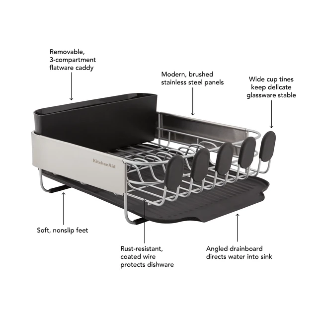 Alt view image 7 of 7 - Compact, Space Saving Rust Resistant Dish Rack with Removable Flatware Caddy and Angled Self Draining Drainboard, 16.06-Inch, Black