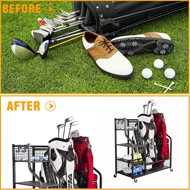 Alt view image 5 of 7 - 2 Golf Bags Rack Garage Storage Organizer Metal Black Storage Stand | Large Golf Bag Holder with Wheels and Hanging Hooks for Organizing Golfing Equipment & Accessories in Garage Shed Basement.