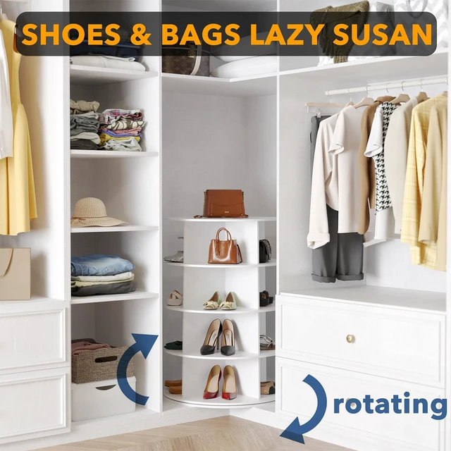 Alt view image 3 of 7 - 4 Tier Rotating Shoe Rack Tower, Spinning Shoe Display Lazy Susan, Revolving 360 Shoe Rack Storage Round Carousel, Vertical Handbag Rotate Shoes Closet Organization (4-Tier White)