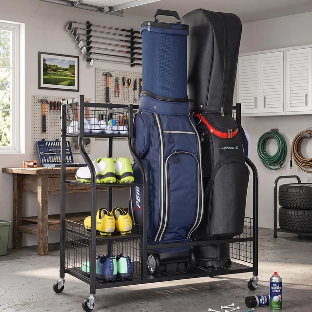 Alt view image 6 of 7 - 2 Golf Bags Rack Garage Storage Organizer Metal Black Storage Stand | Large Golf Bag Holder with Wheels and Hanging Hooks for Organizing Golfing Equipment & Accessories in Garage Shed Basement.