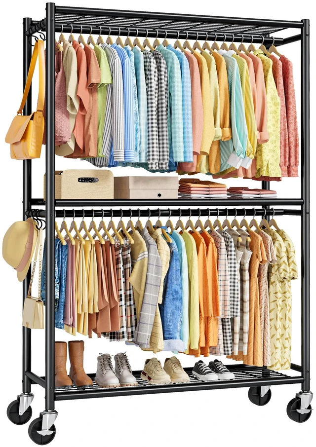 Main image of Clothes Rack - 45.2" x 12.6" x 80.7" Clothing Rack with Shelves & Wheels, Multi-Functional Wardrobe Closet with Hooks, Sturdy Metal Garment Rack for Bedroom, Laundry, Balcony (Black)