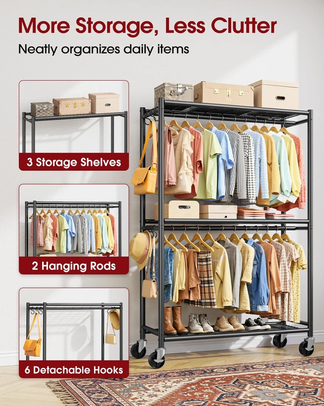 Alt view image 3 of 7 - Clothes Rack - 45.2" x 12.6" x 80.7" Clothing Rack with Shelves & Wheels, Multi-Functional Wardrobe Closet with Hooks, Sturdy Metal Garment Rack for Bedroom, Laundry, Balcony (Black)