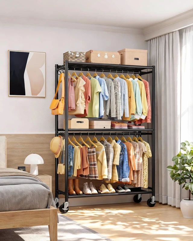 Alt view image 6 of 7 - Clothes Rack - 45.2" x 12.6" x 80.7" Clothing Rack with Shelves & Wheels, Multi-Functional Wardrobe Closet with Hooks, Sturdy Metal Garment Rack for Bedroom, Laundry, Balcony (Black)