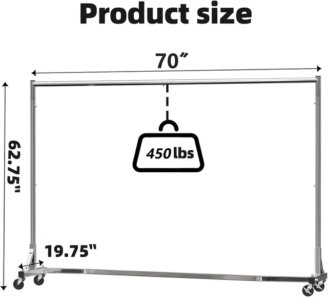 Alt view image 7 of 7 - Industrial Grade Z Base 70inches Extra Long Clothes Garment Rack, Commercial Grade Rolling Clothing Rack, Heavy Duty 450lbs Load with Wheels, Chrome