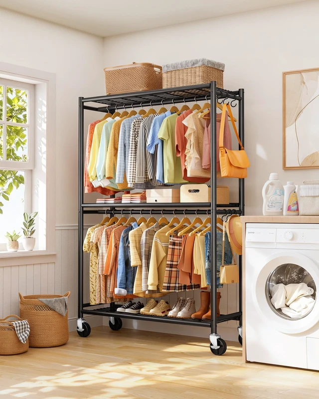 Alt view image 7 of 7 - Clothes Rack - 45.2" x 12.6" x 80.7" Clothing Rack with Shelves & Wheels, Multi-Functional Wardrobe Closet with Hooks, Sturdy Metal Garment Rack for Bedroom, Laundry, Balcony (Black)
