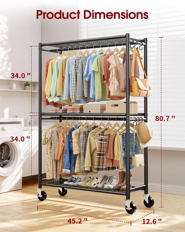 Alt view image 2 of 7 - Clothes Rack - 45.2" x 12.6" x 80.7" Clothing Rack with Shelves & Wheels, Multi-Functional Wardrobe Closet with Hooks, Sturdy Metal Garment Rack for Bedroom, Laundry, Balcony (Black)
