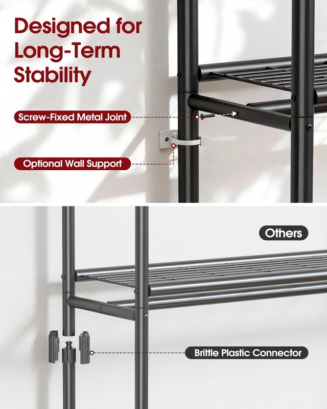 Alt view image 4 of 7 - Clothes Rack - 45.2" x 12.6" x 80.7" Clothing Rack with Shelves & Wheels, Multi-Functional Wardrobe Closet with Hooks, Sturdy Metal Garment Rack for Bedroom, Laundry, Balcony (Black)
