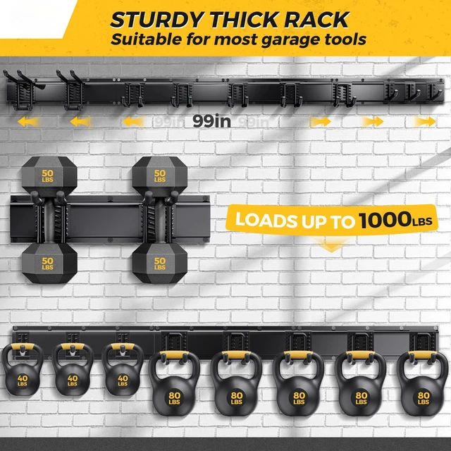 Alt view image 2 of 7 - 99" Garage Tool Organizer Wall Mount - 1000lbs Garden Tool Organizer | Adjustable Hooks, Heavy Duty Metal Garage Storage Rack, Anti-Rust Shed Rack Holder Hanging Rake Broom Mower Snowboard