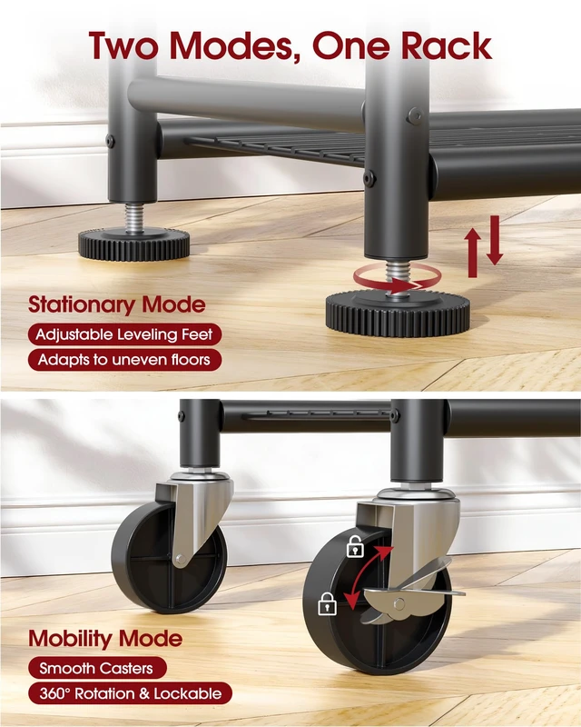 Alt view image 5 of 7 - Clothes Rack - 45.2" x 12.6" x 80.7" Clothing Rack with Shelves & Wheels, Multi-Functional Wardrobe Closet with Hooks, Sturdy Metal Garment Rack for Bedroom, Laundry, Balcony (Black)