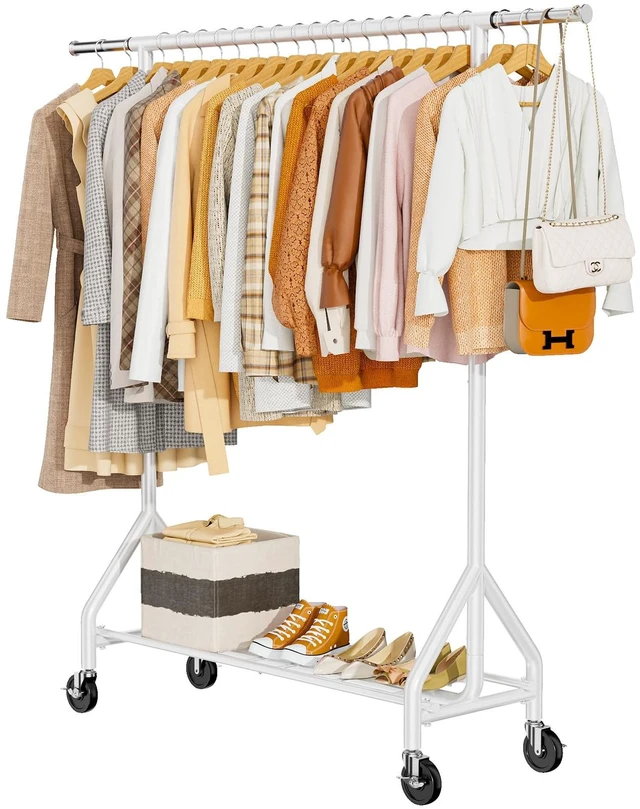 Main image of Heavy Duty Clothes Rack Load 450 LBS, Metal Garment Rack, Standing Rolling Clothing Rack for Hanging Clothes with Sturdy Wheels & Shelves, Portable Closet Wardrobe Rack,White