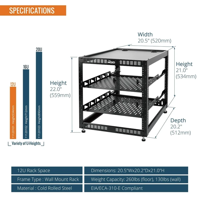 Alt view image 2 of 5 - 12U Open Frame Network Rack for IT & AV Gear, AV Rack Floor Standing or Wall Mounted,with 2 PCS 1U Rack Shelves & Mounting Hardware,Network Rack for 19" Networking,Audio and Video Device