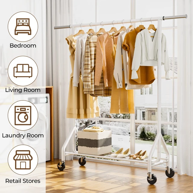 Alt view image 6 of 7 - Heavy Duty Clothes Rack Load 450 LBS, Metal Garment Rack, Standing Rolling Clothing Rack for Hanging Clothes with Sturdy Wheels & Shelves, Portable Closet Wardrobe Rack,White