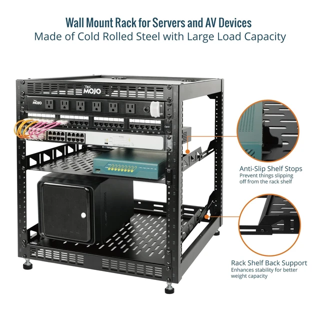 Alt view image 3 of 5 - 12U Open Frame Network Rack for IT & AV Gear, AV Rack Floor Standing or Wall Mounted,with 2 PCS 1U Rack Shelves & Mounting Hardware,Network Rack for 19" Networking,Audio and Video Device