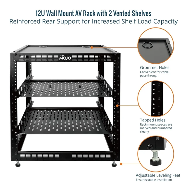 Alt view image 4 of 5 - 12U Open Frame Network Rack for IT & AV Gear, AV Rack Floor Standing or Wall Mounted,with 2 PCS 1U Rack Shelves & Mounting Hardware,Network Rack for 19" Networking,Audio and Video Device