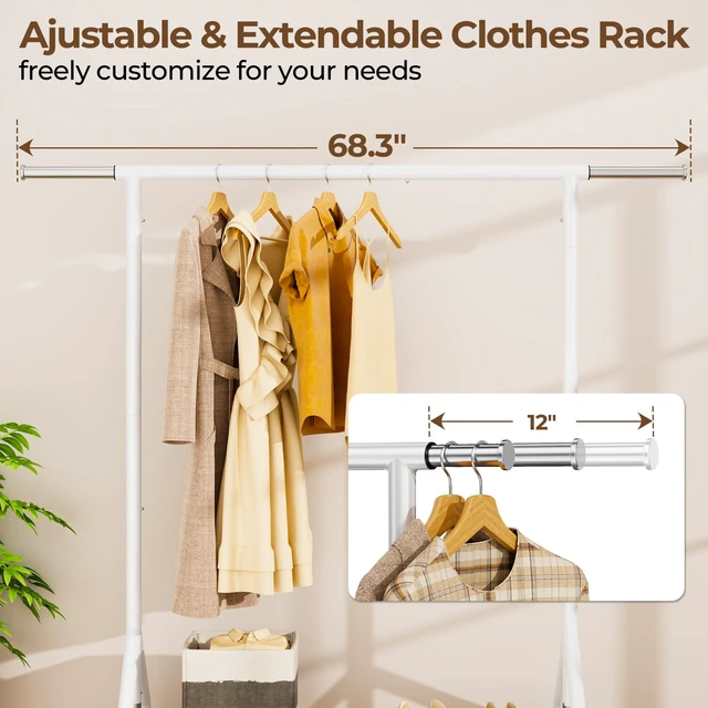 Alt view image 3 of 7 - Heavy Duty Clothes Rack Load 450 LBS, Metal Garment Rack, Standing Rolling Clothing Rack for Hanging Clothes with Sturdy Wheels & Shelves, Portable Closet Wardrobe Rack,White