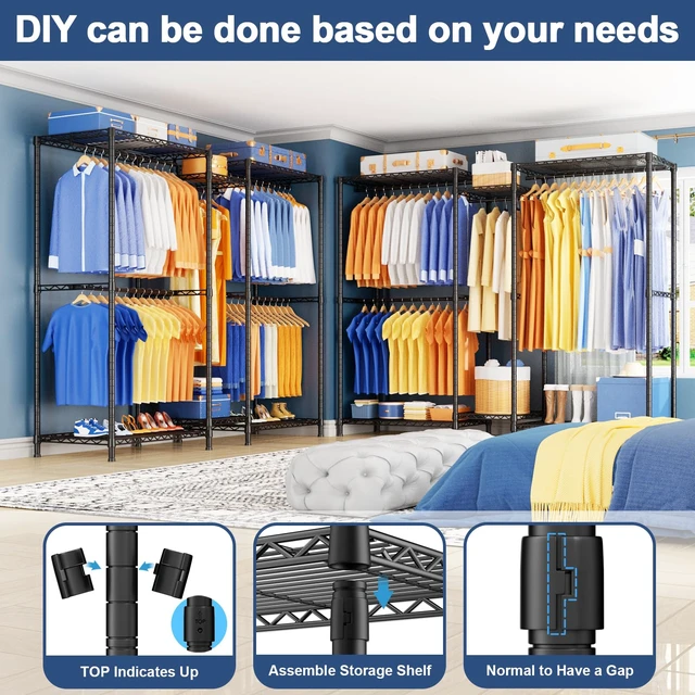Alt view image 4 of 7 - E12 Pro Clothes RackHeavy Duty Freestanding Garment Rack with ShelvesMetal Clothing Closet Storage System for Hanging Clothes71" W x 16" D x 76.5" H, Hold 960 lbsBlack