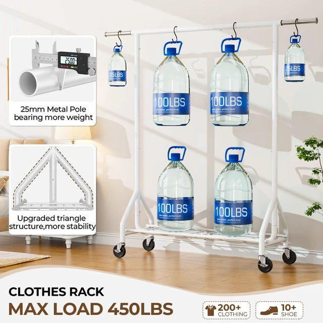 Alt view image 2 of 7 - Heavy Duty Clothes Rack Load 450 LBS, Metal Garment Rack, Standing Rolling Clothing Rack for Hanging Clothes with Sturdy Wheels & Shelves, Portable Closet Wardrobe Rack,White