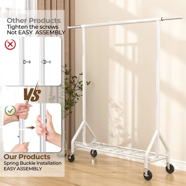 Alt view image 7 of 7 - Heavy Duty Clothes Rack Load 450 LBS, Metal Garment Rack, Standing Rolling Clothing Rack for Hanging Clothes with Sturdy Wheels & Shelves, Portable Closet Wardrobe Rack,White