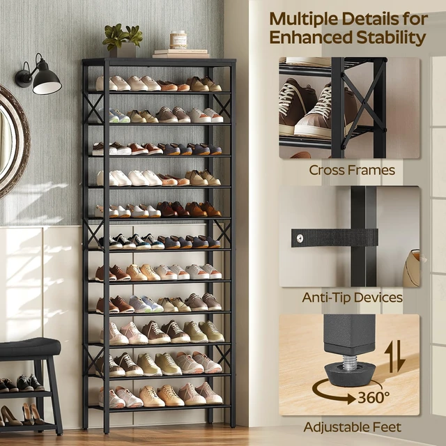 Alt view image 6 of 7 - 12 Tier Shoe Rack, Large Capacity Shoe Storage Organizer Holds 48 Pairs, Sturdy and Stable, for Entryway, Hallway, Closet, Dorm Room, Black SS12BB