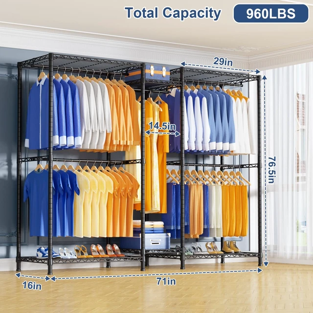 Alt view image 2 of 7 - E12 Pro Clothes RackHeavy Duty Freestanding Garment Rack with ShelvesMetal Clothing Closet Storage System for Hanging Clothes71" W x 16" D x 76.5" H, Hold 960 lbsBlack