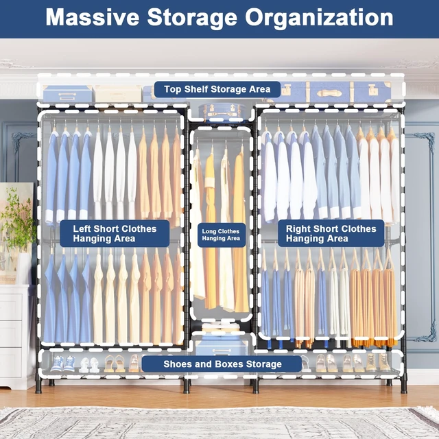 Alt view image 3 of 7 - E12 Pro Clothes RackHeavy Duty Freestanding Garment Rack with ShelvesMetal Clothing Closet Storage System for Hanging Clothes71" W x 16" D x 76.5" H, Hold 960 lbsBlack
