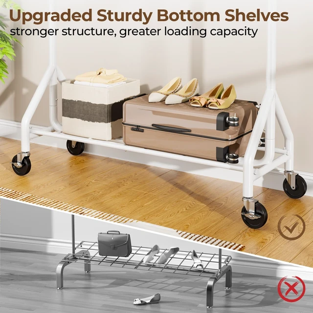 Alt view image 4 of 7 - Heavy Duty Clothes Rack Load 450 LBS, Metal Garment Rack, Standing Rolling Clothing Rack for Hanging Clothes with Sturdy Wheels & Shelves, Portable Closet Wardrobe Rack,White