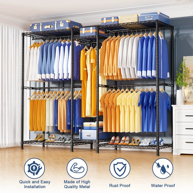 Alt view image 6 of 7 - E12 Pro Clothes RackHeavy Duty Freestanding Garment Rack with ShelvesMetal Clothing Closet Storage System for Hanging Clothes71" W x 16" D x 76.5" H, Hold 960 lbsBlack