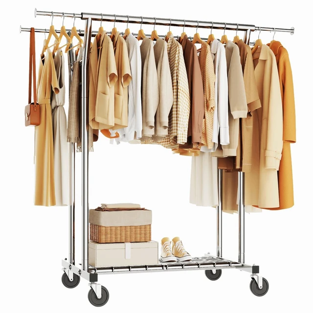 Main image of Heavy Duty Clothes Rack, Rolling Clothing Rack for Hanging Clothes with Shelves Load 700LBS,Portable Garment Wardrobe Closet Rack with Wheels for Bedroom,Laundry Room,Retail Store,Silver
