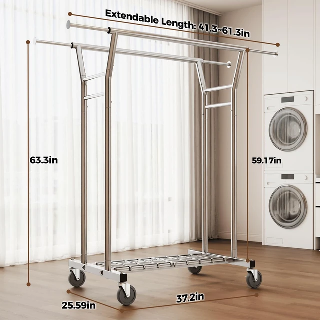 Alt view image 5 of 7 - Heavy Duty Clothes Rack, Rolling Clothing Rack for Hanging Clothes with Shelves Load 700LBS,Portable Garment Wardrobe Closet Rack with Wheels for Bedroom,Laundry Room,Retail Store,Silver