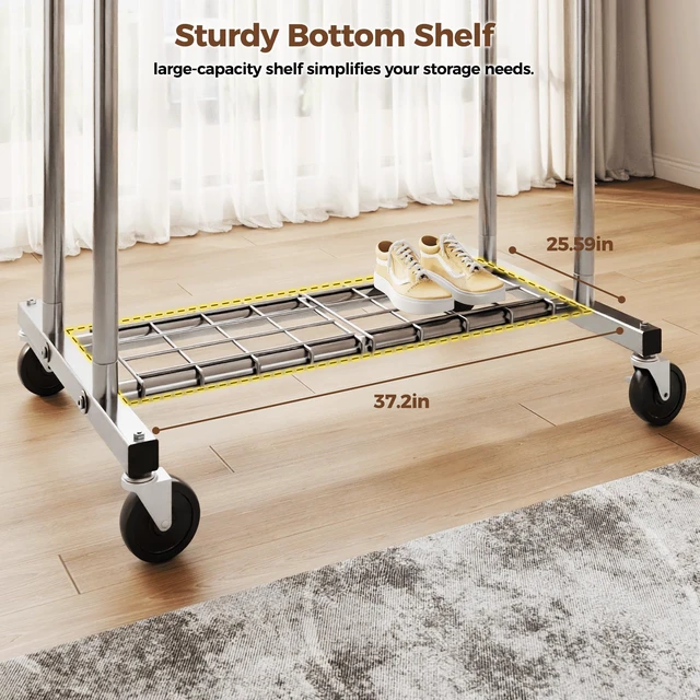 Alt view image 4 of 7 - Heavy Duty Clothes Rack, Rolling Clothing Rack for Hanging Clothes with Shelves Load 700LBS,Portable Garment Wardrobe Closet Rack with Wheels for Bedroom,Laundry Room,Retail Store,Silver