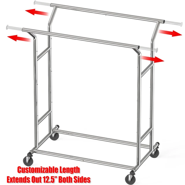 Alt view image 3 of 6 - Heavy Duty Double Rail Clothing Garment Rack, Chrome | Holds Up to 200 lbs, Extendable Width from 43 to 67 Inches