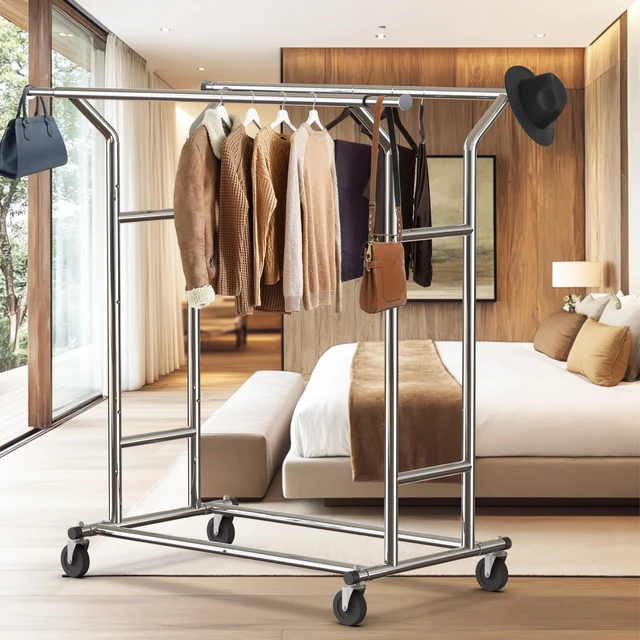 Alt view image 2 of 6 - Heavy Duty Double Rail Clothing Garment Rack, Chrome | Holds Up to 200 lbs, Extendable Width from 43 to 67 Inches