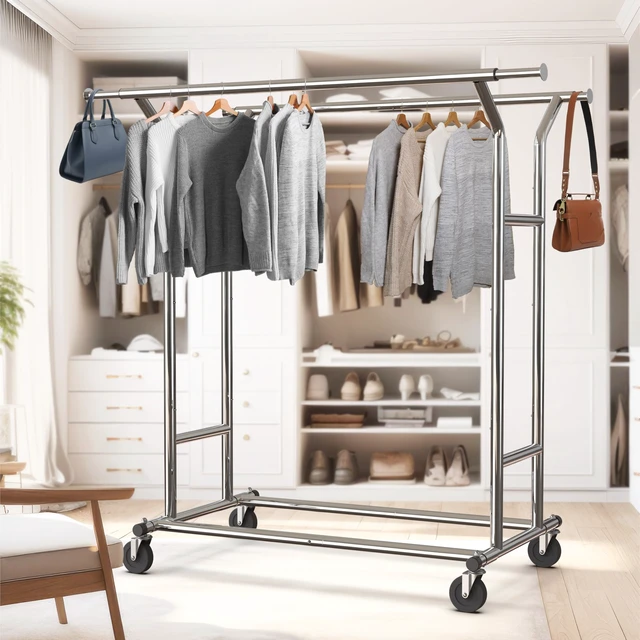 Alt view image 4 of 6 - Heavy Duty Double Rail Clothing Garment Rack, Chrome | Holds Up to 200 lbs, Extendable Width from 43 to 67 Inches