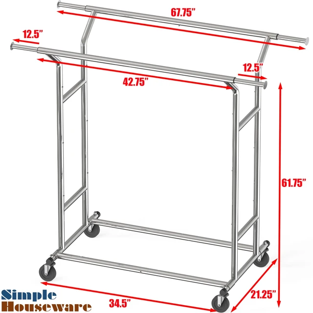 Alt view image 5 of 6 - Heavy Duty Double Rail Clothing Garment Rack, Chrome | Holds Up to 200 lbs, Extendable Width from 43 to 67 Inches