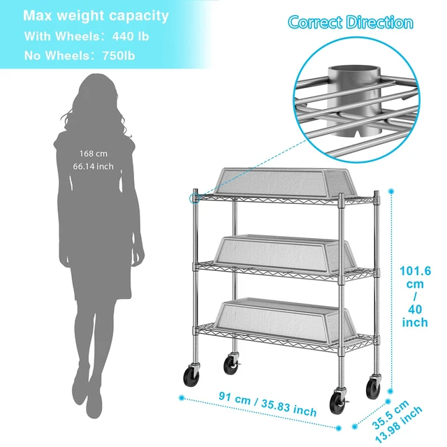 Alt view image 5 of 7 - 3-Tier Storage Shelves with Casters Heavy Duty Metal Shelving Chrome | Adjustable Wire Shelving, Rolling Cart Utility Racks, 14"D x 36"W x 40"H, for Garage Kitchen Pantry Laundry