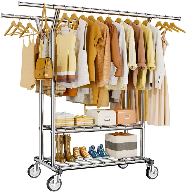 Main image of Heavy Duty Clothes Rack 620 LBS, Rolling Clothing Rack with Wheels | Double Rods Garment Rack, Adjustable Clothing Rack for Hanging Clothes with 2-Tier Shelves for Bedroom, Laundry Room, Silver
