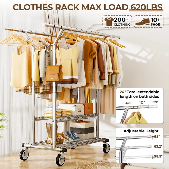 Alt view image 2 of 7 - Heavy Duty Clothes Rack 620 LBS, Rolling Clothing Rack with Wheels | Double Rods Garment Rack, Adjustable Clothing Rack for Hanging Clothes with 2-Tier Shelves for Bedroom, Laundry Room, Silver