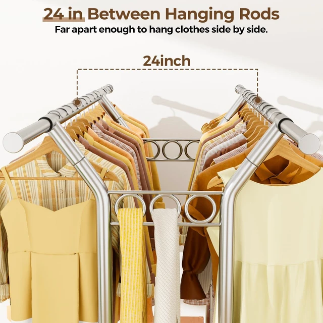 Alt view image 3 of 7 - Heavy Duty Clothes Rack 620 LBS, Rolling Clothing Rack with Wheels | Double Rods Garment Rack, Adjustable Clothing Rack for Hanging Clothes with 2-Tier Shelves for Bedroom, Laundry Room, Silver