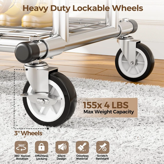 Alt view image 4 of 7 - Heavy Duty Clothes Rack 620 LBS, Rolling Clothing Rack with Wheels | Double Rods Garment Rack, Adjustable Clothing Rack for Hanging Clothes with 2-Tier Shelves for Bedroom, Laundry Room, Silver