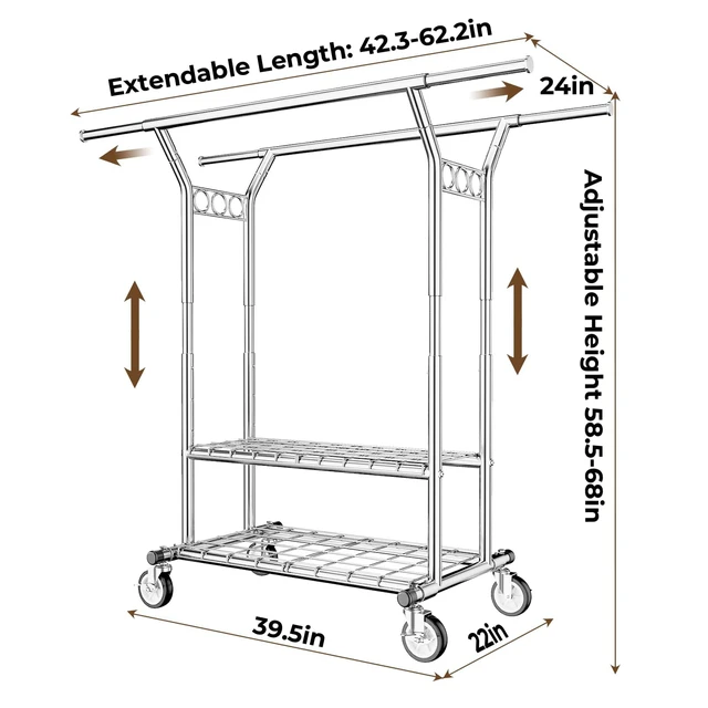 Alt view image 6 of 7 - Heavy Duty Clothes Rack 620 LBS, Rolling Clothing Rack with Wheels | Double Rods Garment Rack, Adjustable Clothing Rack for Hanging Clothes with 2-Tier Shelves for Bedroom, Laundry Room, Silver
