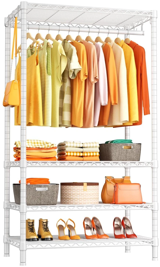 Main image of H4 Portable Closets, 4-Tier Metal Clothes Garment Rack for Bedroom and Cloakroom, Clothing Closet Storage and Organizer Wardrobe, 35.4" W x 14" D x 76.4" H, White