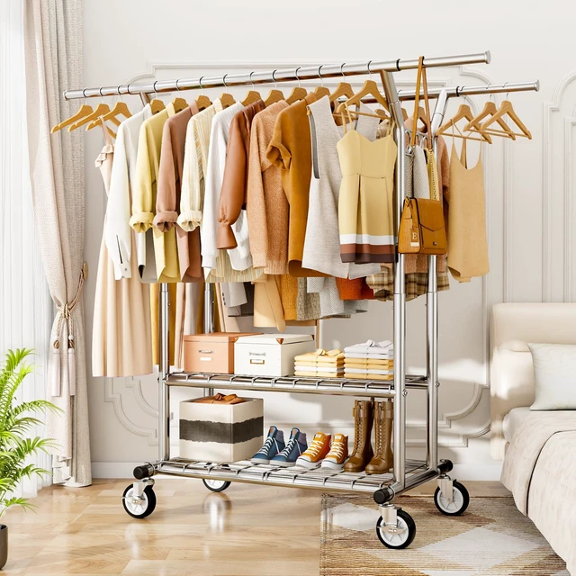 Alt view image 7 of 7 - Heavy Duty Clothes Rack 620 LBS, Rolling Clothing Rack with Wheels | Double Rods Garment Rack, Adjustable Clothing Rack for Hanging Clothes with 2-Tier Shelves for Bedroom, Laundry Room, Silver