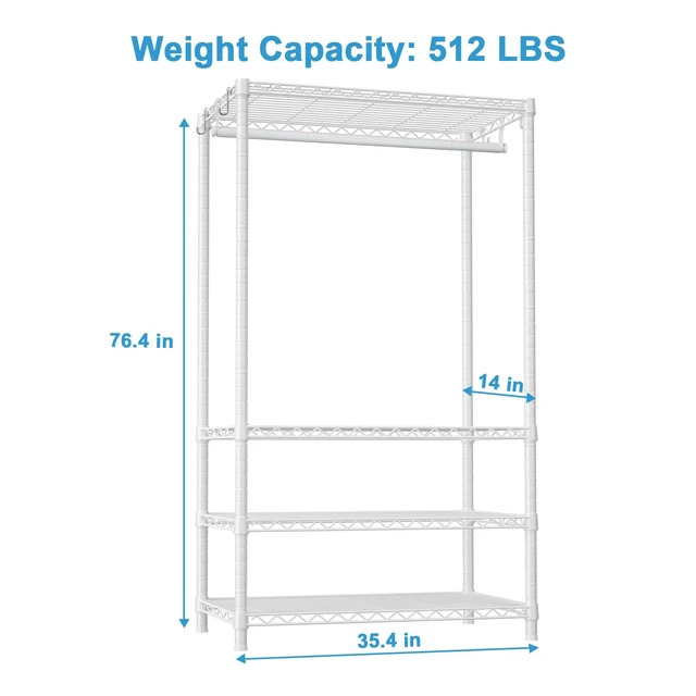Alt view image 3 of 7 - H4 Portable Closets, 4-Tier Metal Clothes Garment Rack for Bedroom and Cloakroom, Clothing Closet Storage and Organizer Wardrobe, 35.4" W x 14" D x 76.4" H, White